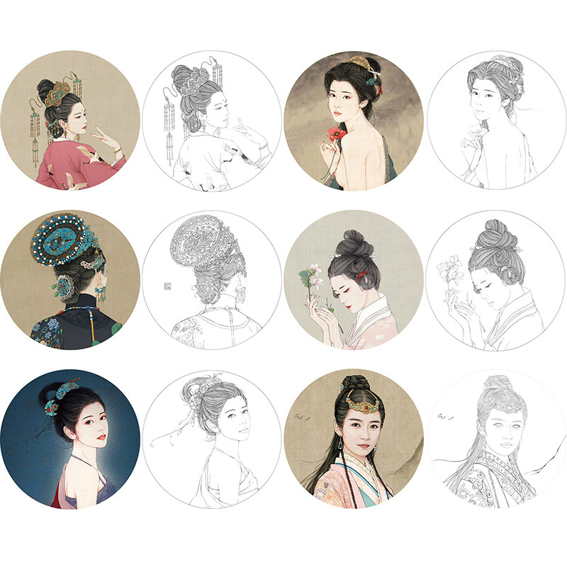 千景绘工笔画仕女白描底稿6张国画人物团扇小品临摹线描打印稿