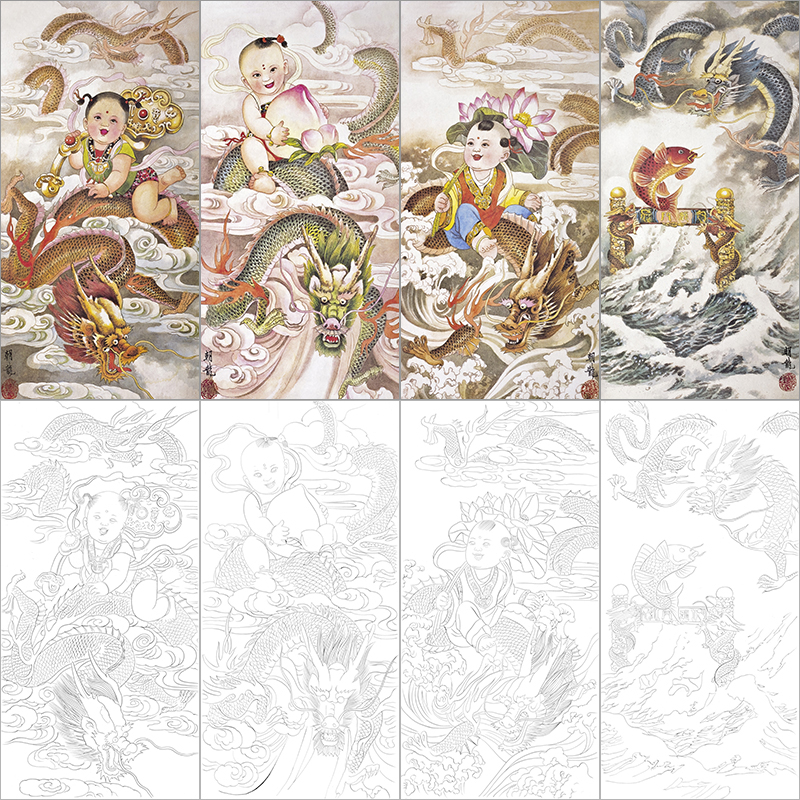 工笔画龙白描底稿鱼跃龙门国画花鸟临摹练习线描画稿实物打印稿