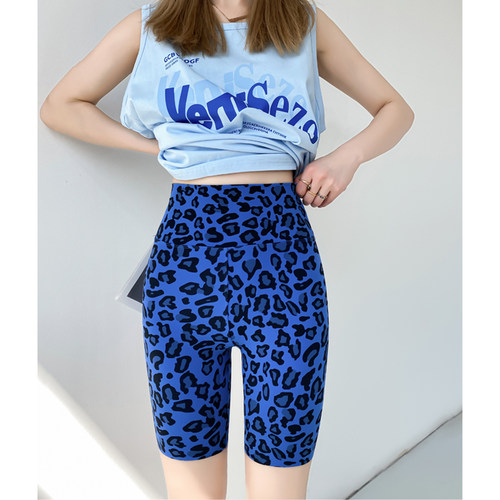 豹纹鲨鱼裤女夏外穿打底裤五分九分高腰弹力瑜伽裤运动健身骑行裤