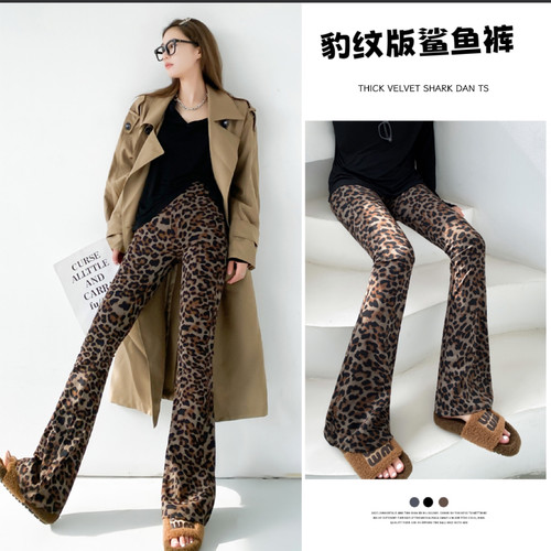2025春新款豹纹喇叭裤女高腰鲨鱼微喇裤休闲外穿薄款显瘦时尚女裤