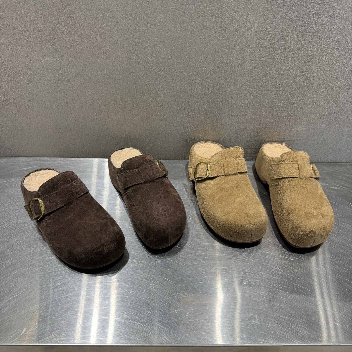 真皮包头拖女羊毛加绒松糕跟