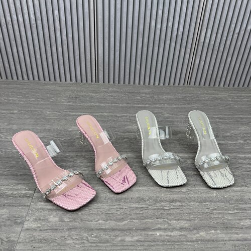 欧货水钻粗跟增高露趾一字拖女
