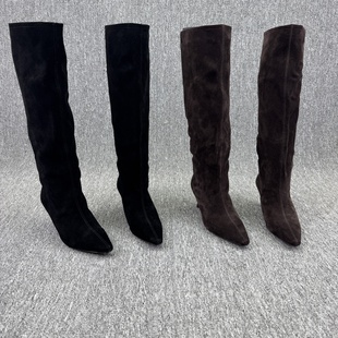 欧洲站欧货真皮女靴2025秋新款圆头细跟高跟时装靴高筒长靴瘦瘦靴