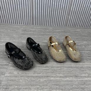 女欧货欧洲站平底百搭镂空单鞋 2026春新款 真皮水钻一字带玛丽珍鞋