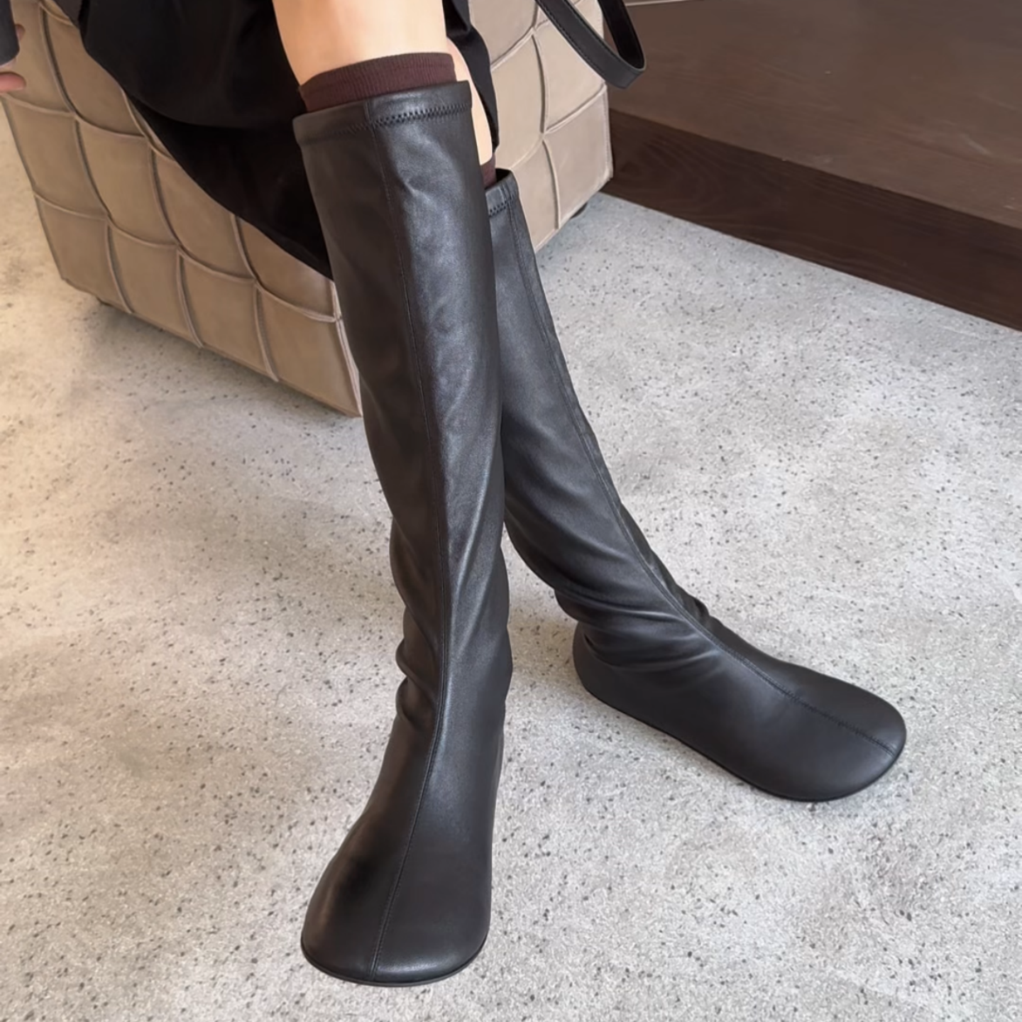 内增高套筒羊皮弹力靴高筒长靴