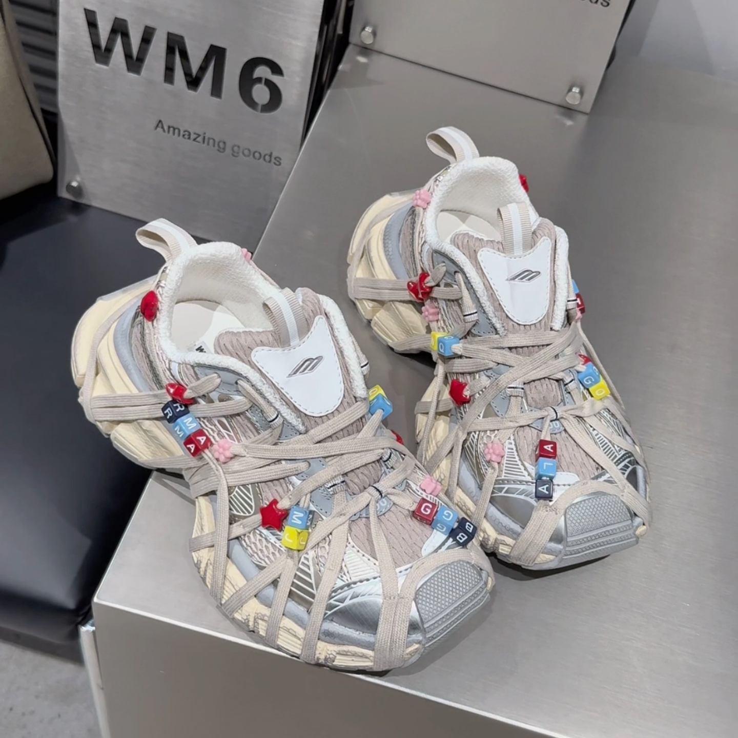 WM6真皮绑带老爹鞋女2026春季新款欧货欧洲站厚底增高休闲运动鞋