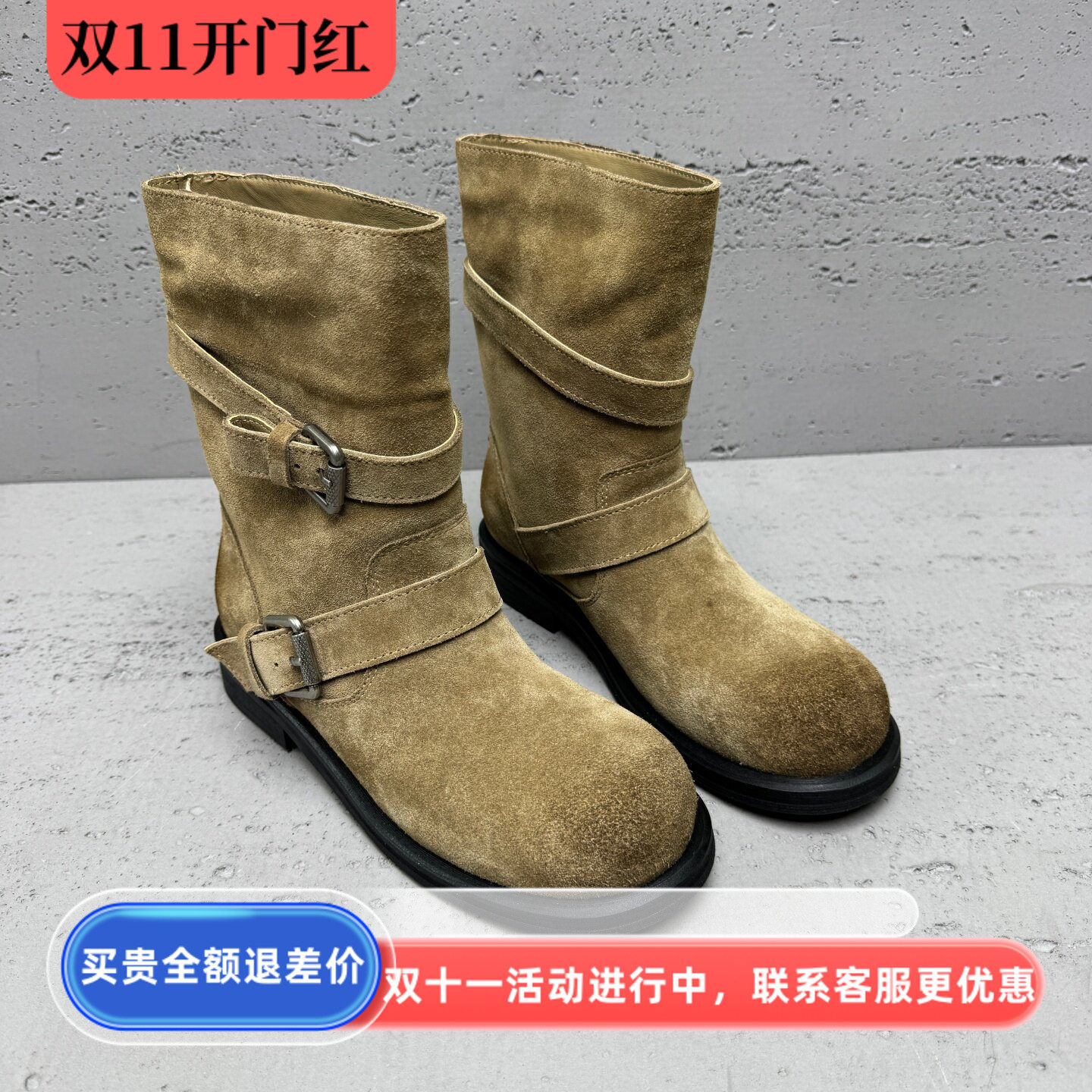 欧洲站真皮皮带扣骑士靴女秋款
