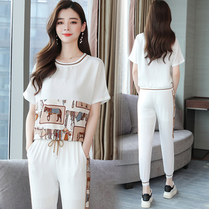 RM11283#大码套装女2023年夏季洋气时尚卡通拼接上衣显瘦九分裤女
