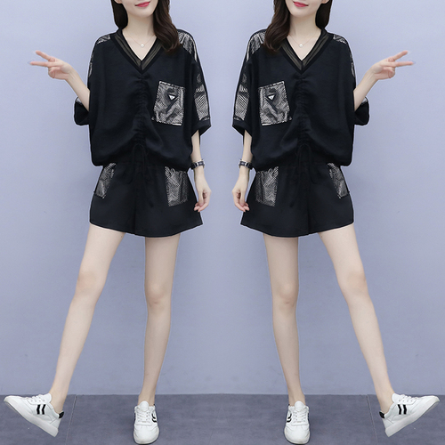 Real shooting large size 2022 summer European station slightly fat mm THIN suit new summer fashionable top and shorts two-piece set