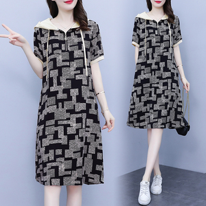 RM7117#大码女装2023年夏季新款韩版显瘦遮肉休闲连帽时尚印花连衣裙