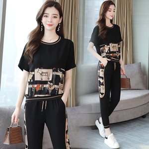 RM11283#大码套装女2023年夏季洋气时尚卡通拼接上衣显瘦九分裤女