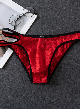男士内裤三角裤透明提花透气网纱时尚性感U凸内裤红色三角裤衩