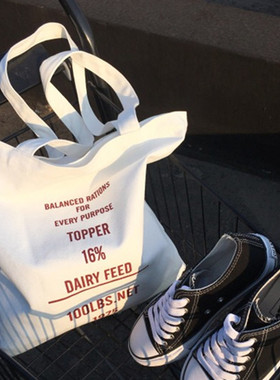 韩国出口ULZZANG街拍ing日本ins单宿帆布袋单肩手提袋百搭字母OFR