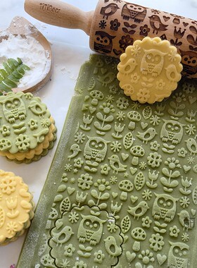 TITIBEAR卡通动物猫头鹰兔子饼干印花擀面杖陶艺压花工具烘焙模具