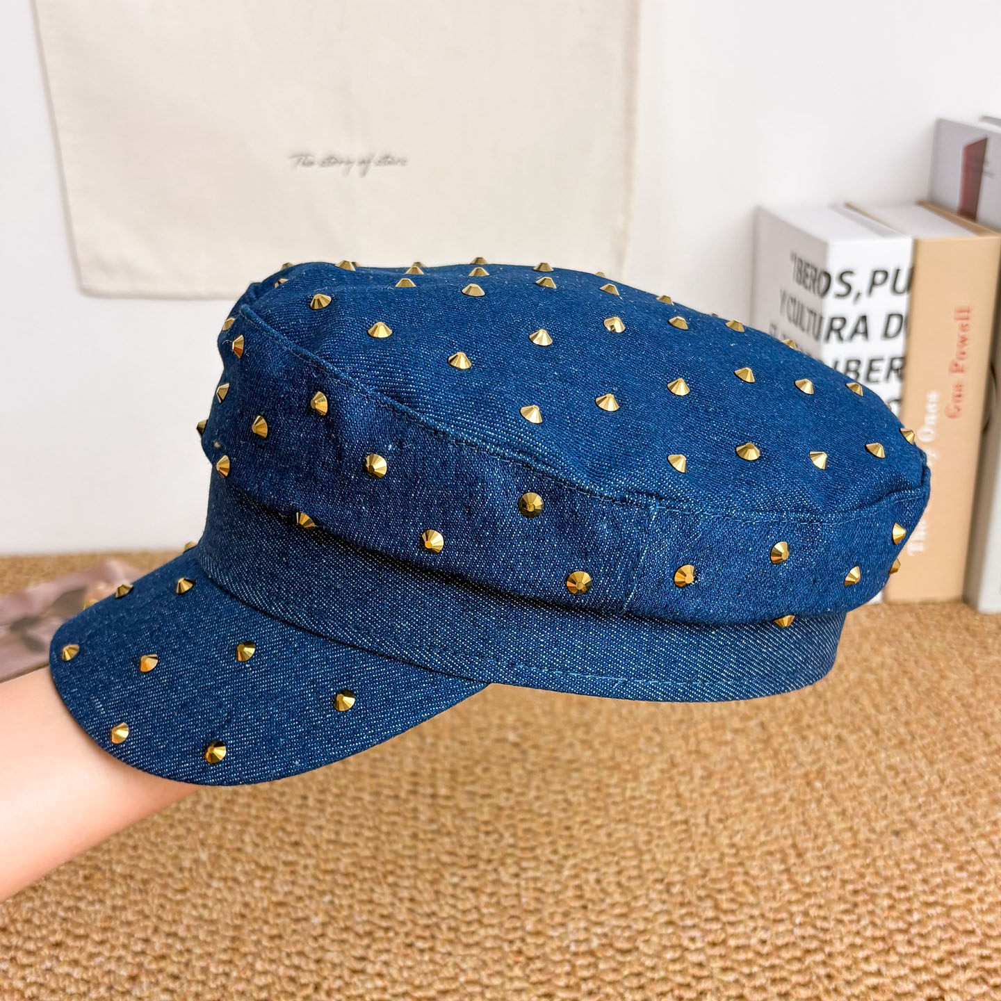 日系水洗牛仔镶钻装饰平顶帽女春秋新款时尚个性百搭户外鸭舌帽潮