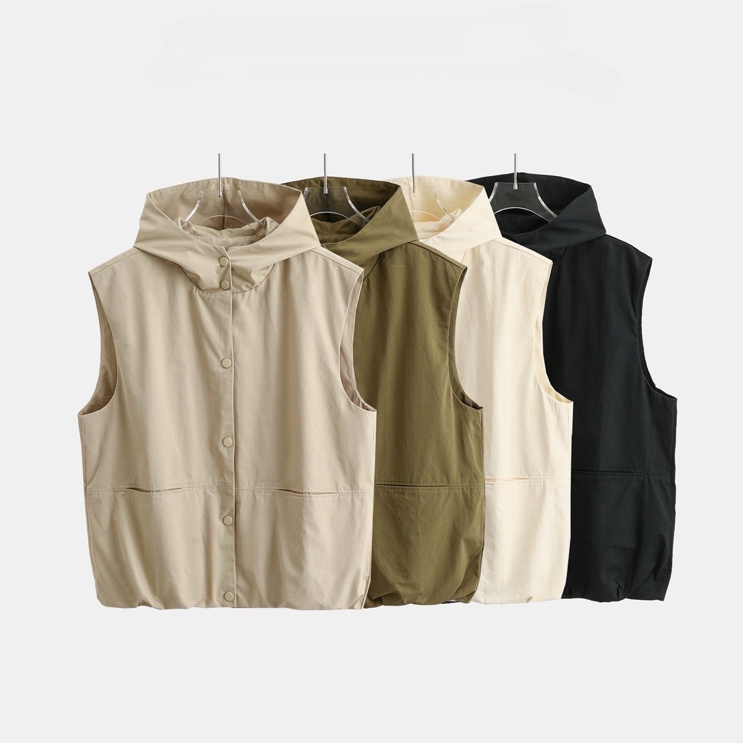 春款出游休闲气质马甲女梭织宽松户外时尚口袋工装风连帽马甲外套