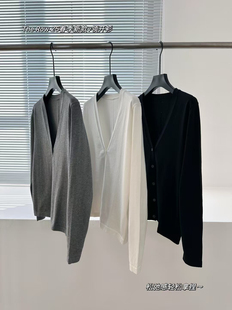 针织衫v领开衫女春秋欧货新款灰色毛衣外套早春黑色短款外搭上衣