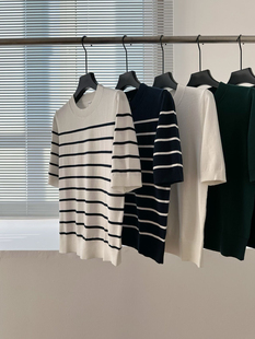 上衣 减龄海军风女条纹圆领套头纯棉100%针织短袖 26年春夏新款 韩版