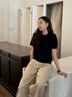 柜货-自留 100棉高级感女秋季纯色圆领短袖纯棉短袖显瘦针织衫T恤