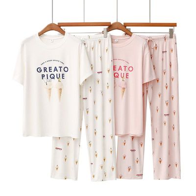 日系卡通莫代尔睡衣女夏季薄款短袖长裤宽松休闲家居服套装可外穿