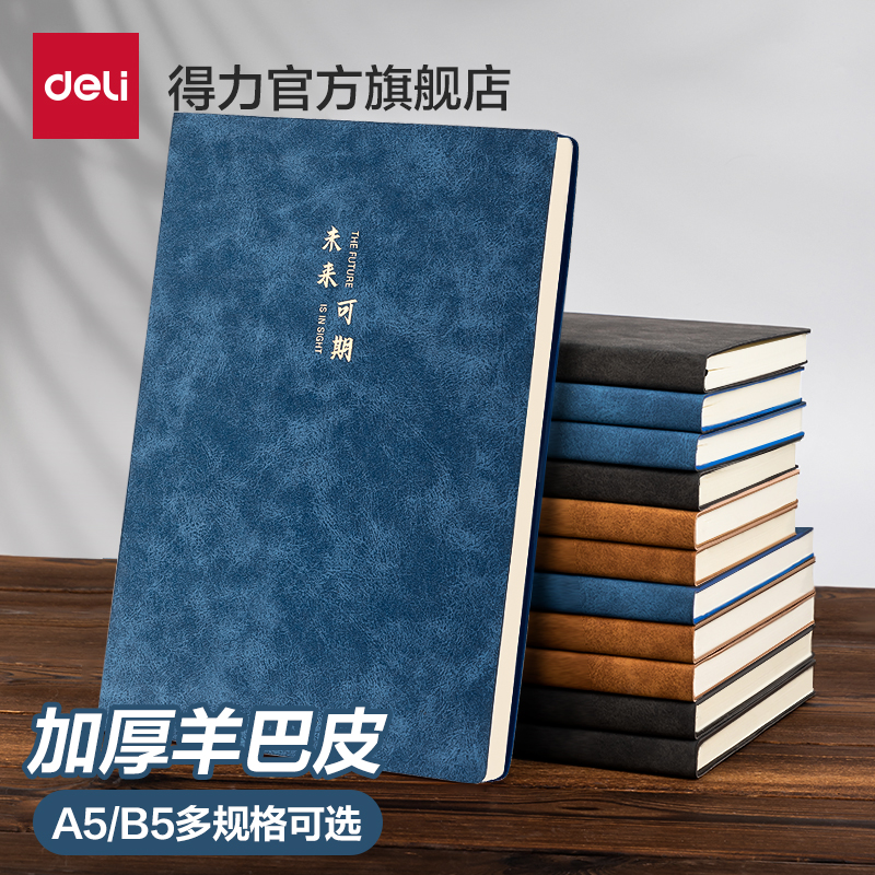 得力笔记本子羊巴皮记事本a5软皮商务办公会议记录本皮面本b5加厚
