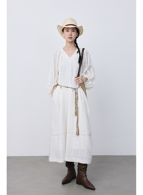 【白浪花】CAREMIND白色浪漫度假连衣裙中长款泡泡袖重工长裙夏季