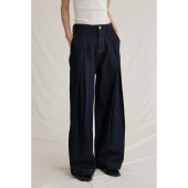 深蓝立体剪裁牛仔裤 CAREMIND经典 连腰直筒裤 工字褶连腰丹宁裤