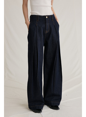 【工字褶连腰丹宁裤】CAREMIND经典深蓝立体剪裁牛仔裤连腰直筒裤