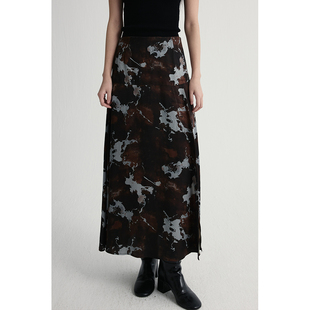 CAREMIND大理石纹侧开叉半身裙A字裙松紧腰长款 半裙 波洛克