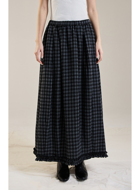 【游园会】CAREMIND黑灰格子细闪半身裙木耳边裙摆毛呢A字裙秋冬