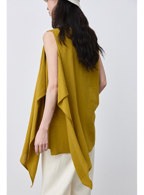 【不对称解构背心】CAREMIND小众黄色亚麻背心不对称荷叶边上衣女