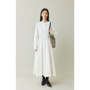 CAREMIND100%棉白色收腰长袖 连衣裙温柔气质漂亮长裙女 天文馆