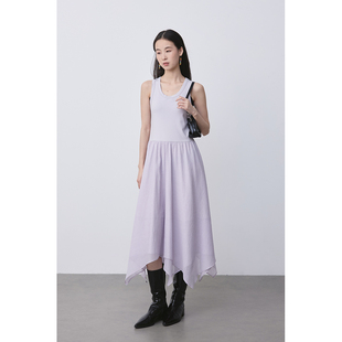 CAREMIND紫色拼接U领无袖 挂脖裙 连衣裙不规则裙子气质裙休闲夏季