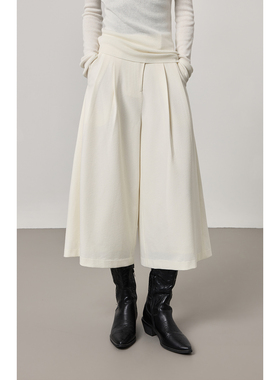 【简约高级感中裤】CAREMIND白色阔腿压褶七分裤高腰休闲西装裤