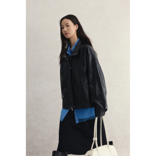 CAREMIND复古油蜡质感褶皱皮衣小个子翻领夹克外套女 航线夹克