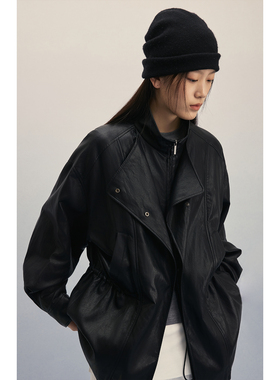 【女侦探皮衣】CAREMIND复古黑色机车中长款夹克女双层领皮衣外套