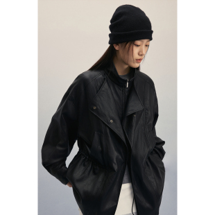 夹克女双层领皮衣外套 CAREMIND复古黑色机车中长款 女侦探皮衣