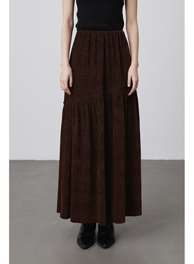 CAREMIND简约轻奢细闪丝绒半身裙复古高腰显瘦遮肉百褶A字裙通勤