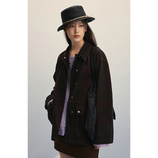 CAREMIND复古巴恩风灯芯绒外套光泽感百搭工装 夹克衫 红调陶土