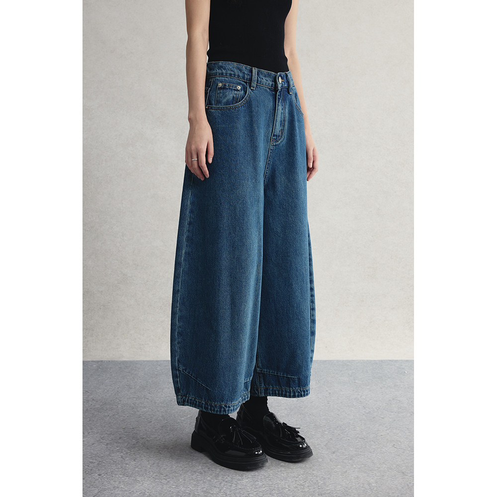 【牛仔灯笼裤】CAREMIND复古水洗全面弧形高腰九分牛仔裤弯刀裤