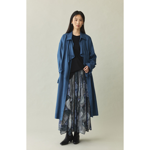 CAREMIND蓝色荷叶边设计感风衣女翻领假两件长款 外套 斯里兰卡