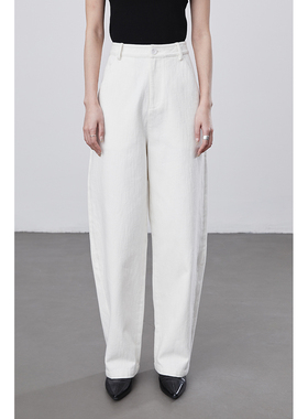 【锥形直筒裤】CAREMIND白色竹节纹弯刀休闲裤高腰显瘦阔腿长裤女