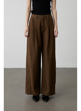 CAREMIND复古咖色阔腿宽松显瘦牛仔裤老钱风休闲长款高腰直筒裤子