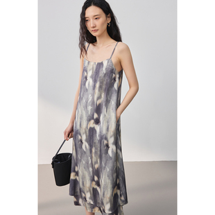 CAREMIND新中式 水墨印花吊带裙露背系带度假风连衣裙 烟熏茱萸
