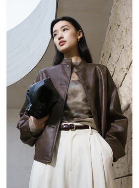 【城市游牧】CAREMIND复古黄棕皮衣外套美拉德立领气质外搭上衣