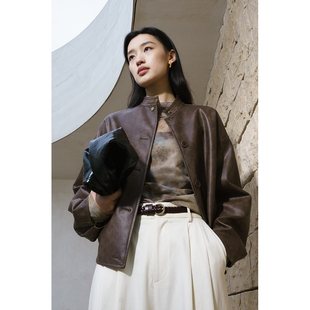 CAREMIND复古黄棕皮衣外套美拉德立领气质外搭上衣 城市游牧