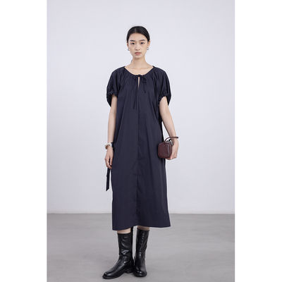 CAREMIND藏青色设计感系带中长裙