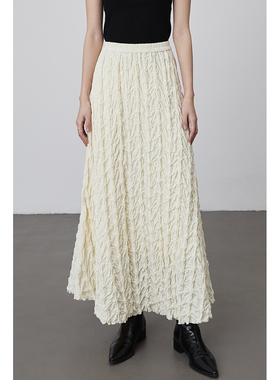 【白泡芙丝绒裙】CAREMIND白色绒感重工钩花半身裙松紧腰a字裙女