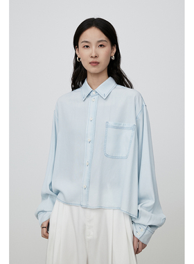 CAREMIND浅蓝色天丝POLO短衬衫休闲洋气薄款长袖开衫衬衣