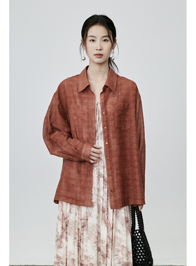 CAREMIND怀旧复古风中式砖红色长袖衬衫春装通勤外套衬衣女上衣